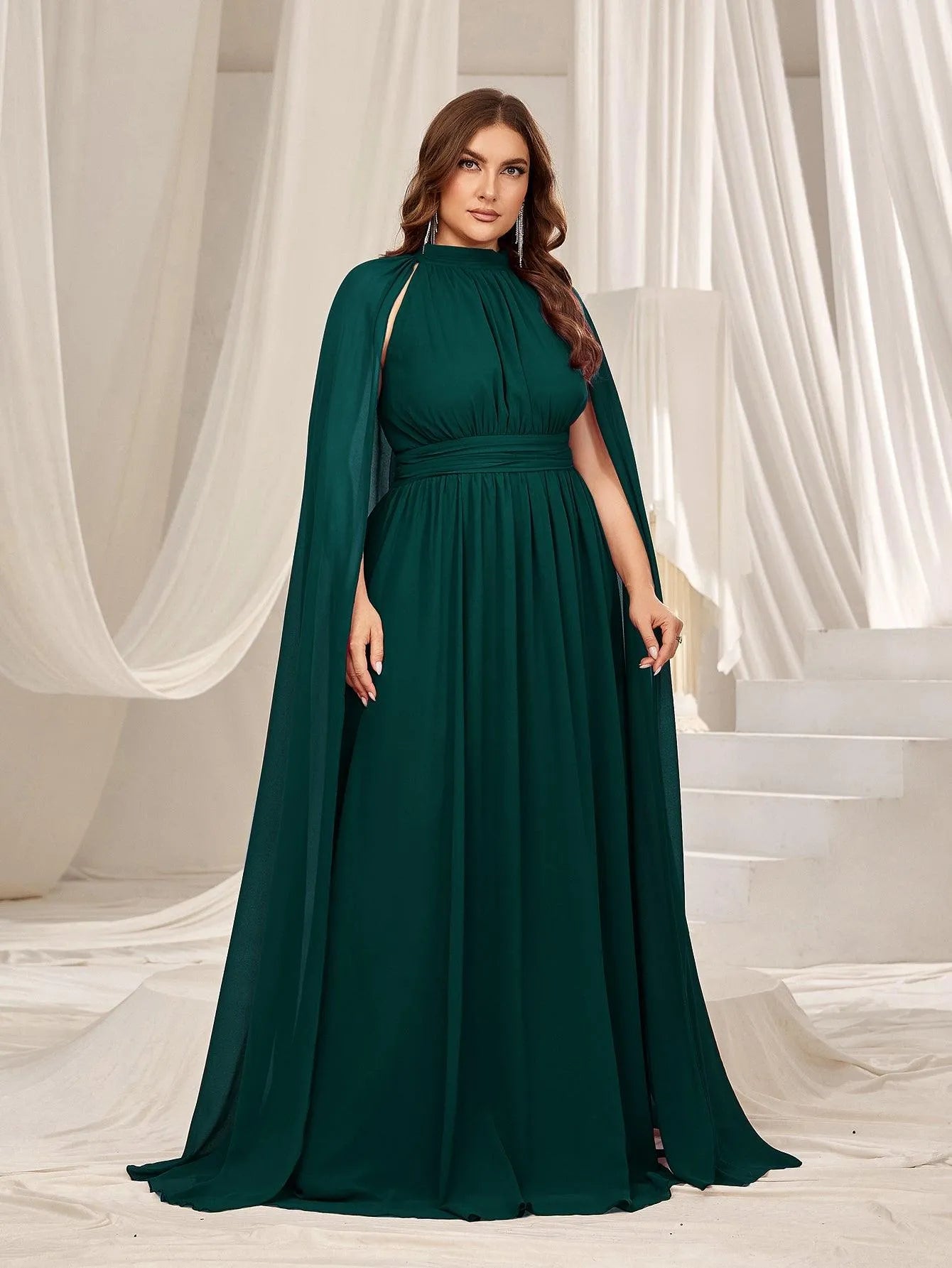 Plus Mock Neck Cloak Sleeves Chiffon Formal Cape Dress Champagne / 1XL Plus Mock Neck Cloak Sleeves Chiffon Formal Cape Dress Champagne / 1XL