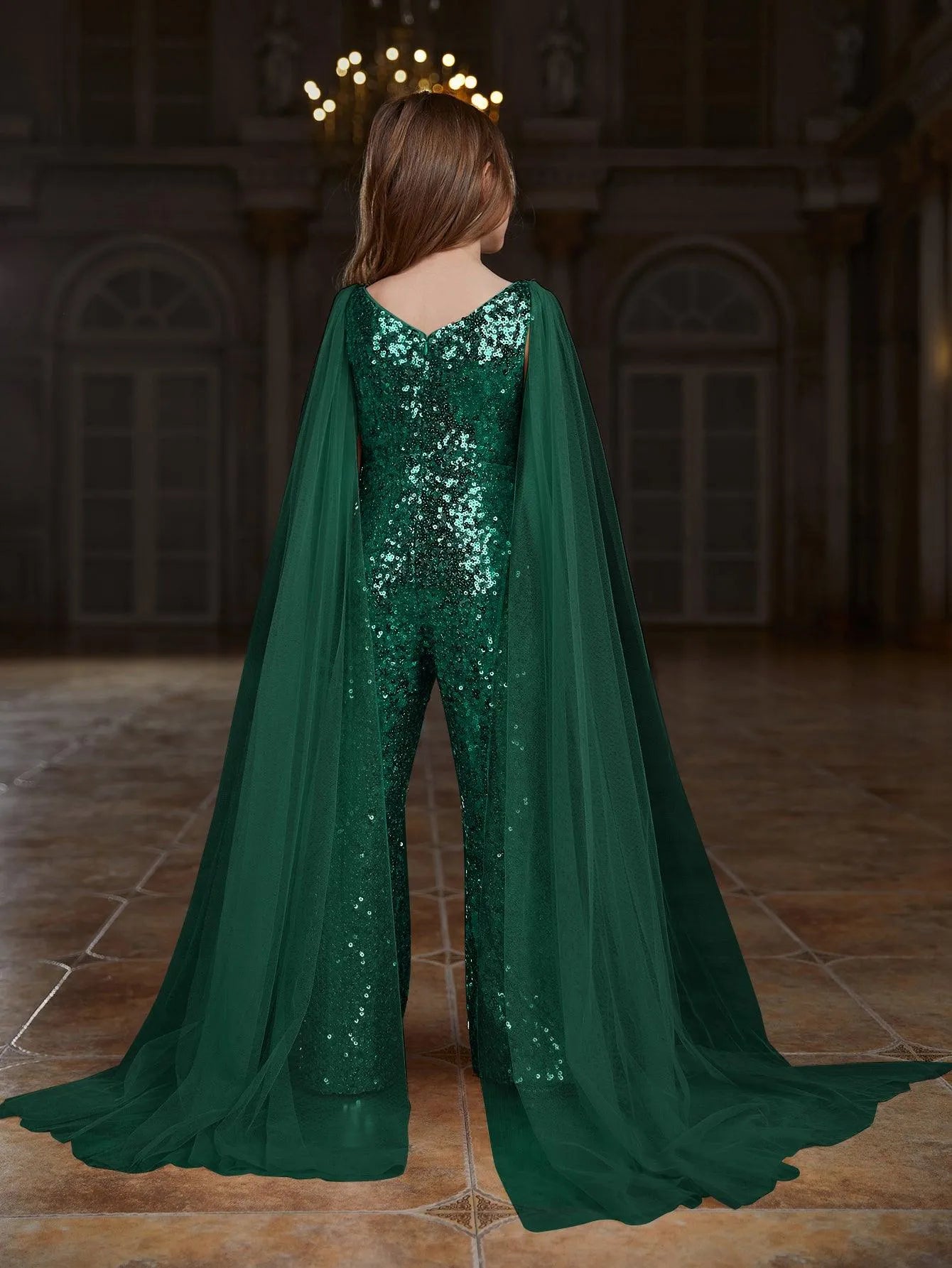 Tween Girls' V Neck Mesh Cloak Sleeve Sequin Jumpsuit - Elonnashop