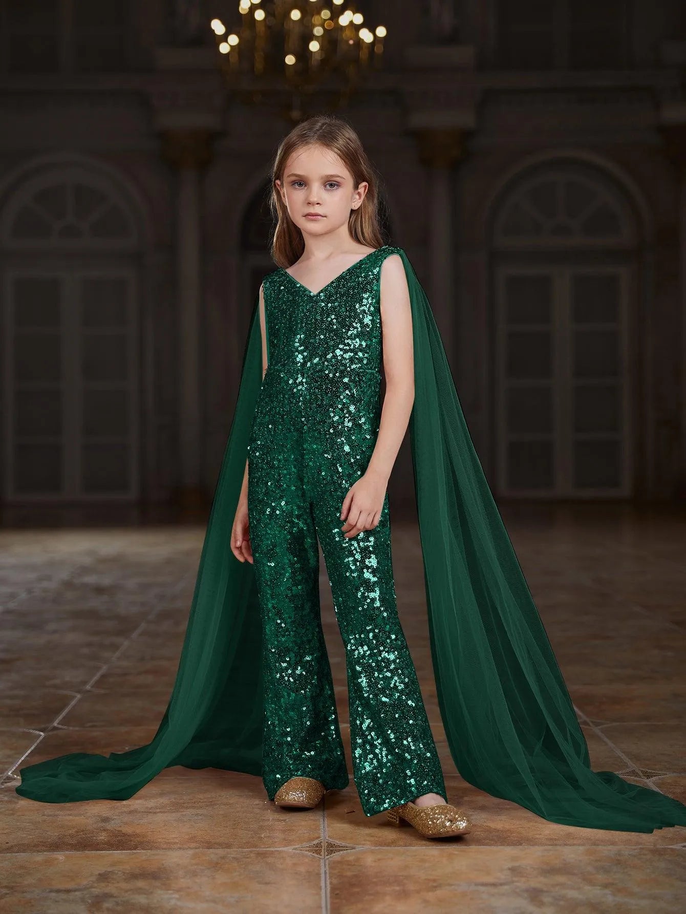 Tween Girls' V Neck Mesh Cloak Sleeve Sequin Jumpsuit - Elonnashop