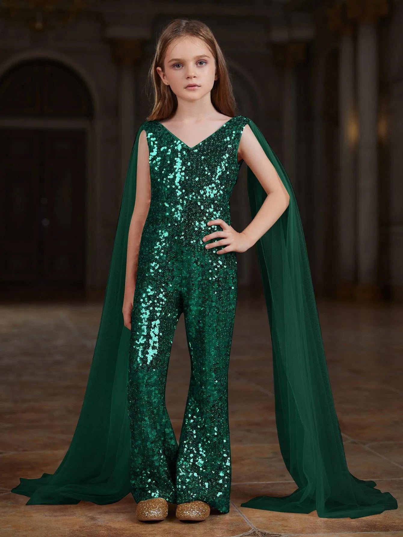 Tween Girls' V Neck Mesh Cloak Sleeve Sequin Jumpsuit - Elonnashop