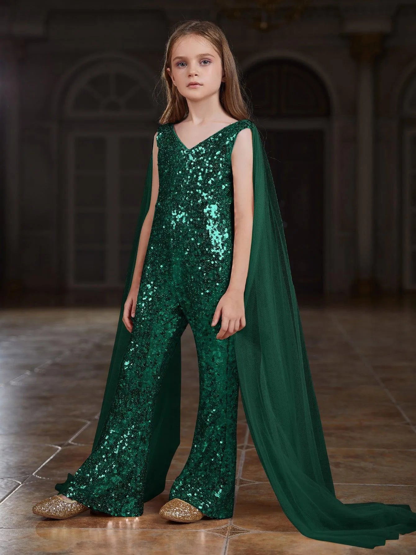 Tween Girls' V Neck Mesh Cloak Sleeve Sequin Jumpsuit - Elonnashop