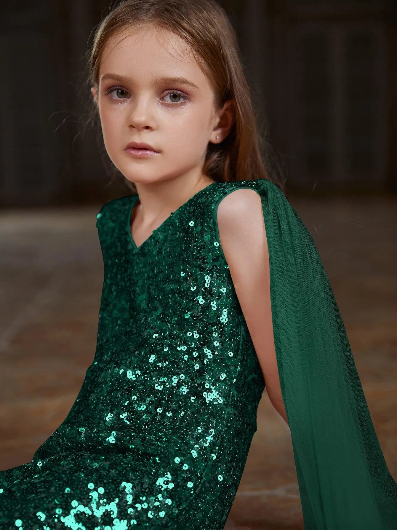 Tween Girls' V Neck Mesh Cloak Sleeve Sequin Jumpsuit - Elonnashop