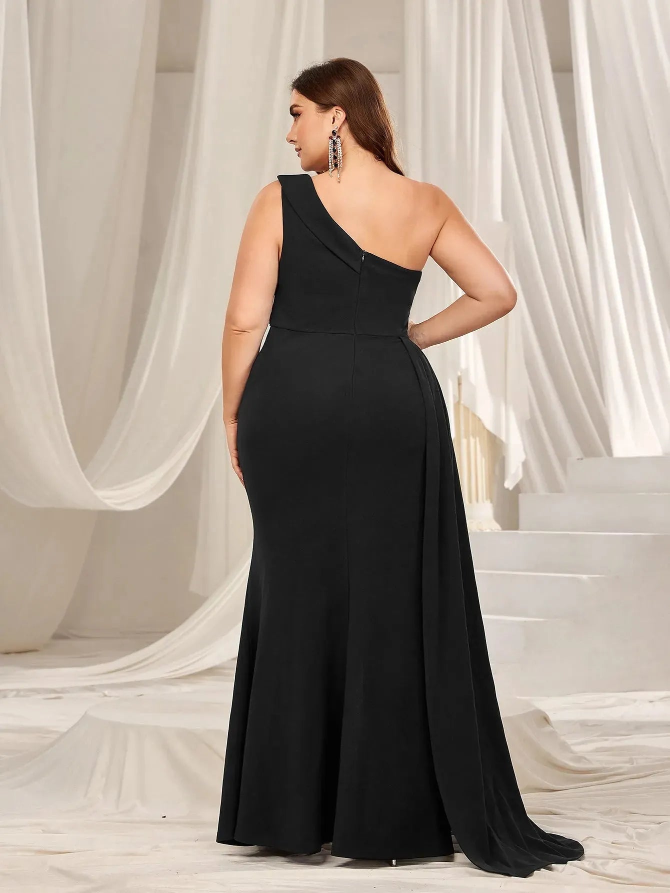 Plus One Shoulder Split Mermaid Hem Formal Evening Dress