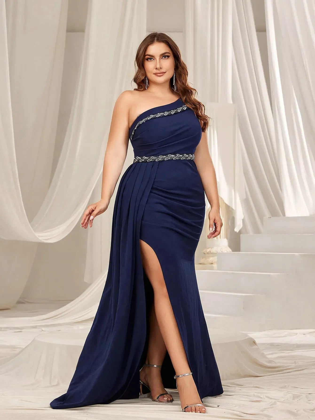 Plus One Shoulder Split Mermaid Hem Formal Evening Dress