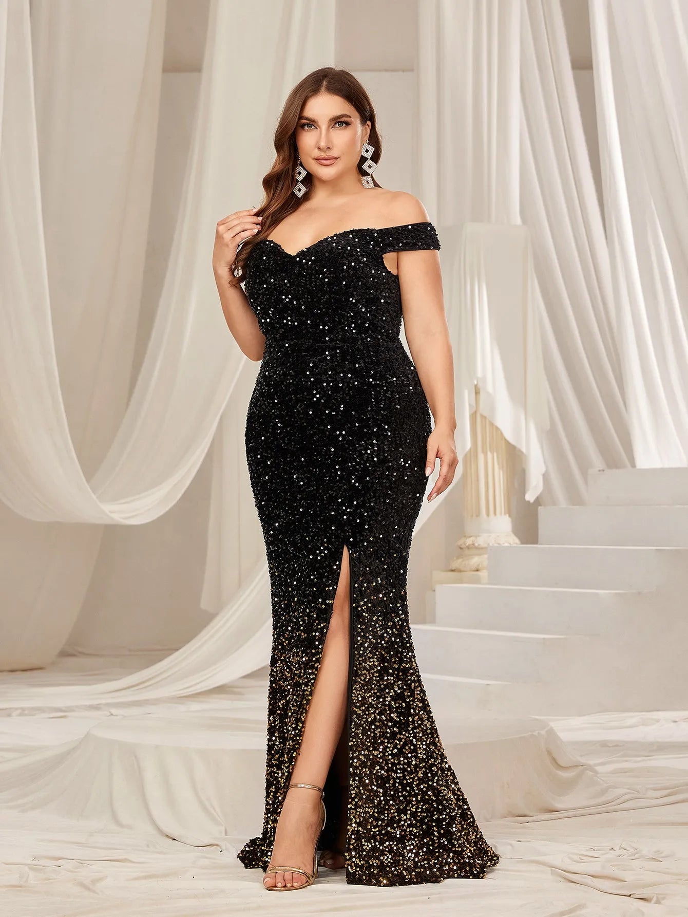 Plus Off Shoulder Split Mermaid Hem Ombre Sequin Evening Dress