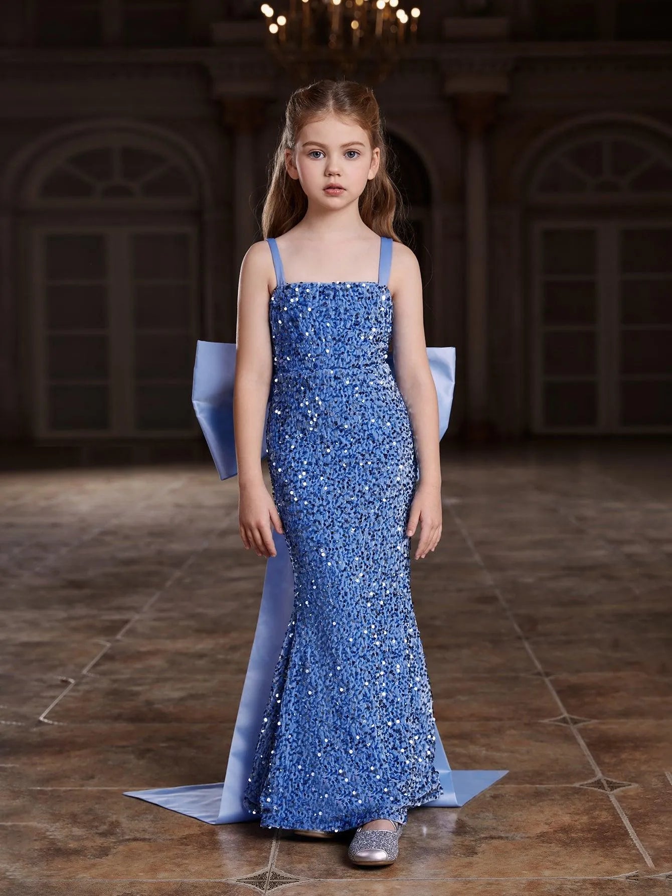 bow blue sequinned line dress Pink Spaghetti Straps A Line Sequined Lace Long Prom Dresses With Bow Pink / 2