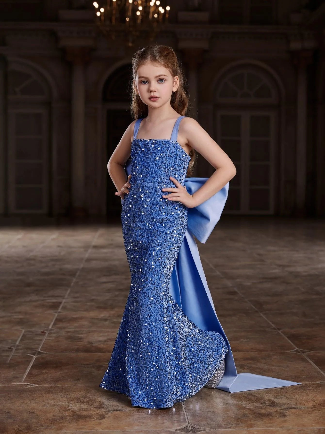 Gown Year Girl Clothes Tween Girls' Square Collar Sequin Mermaid Dress With Big Bow Gown Year Girl Clothes Tween Girls' Square Collar Sequin Mermaid Dress With Big Bow