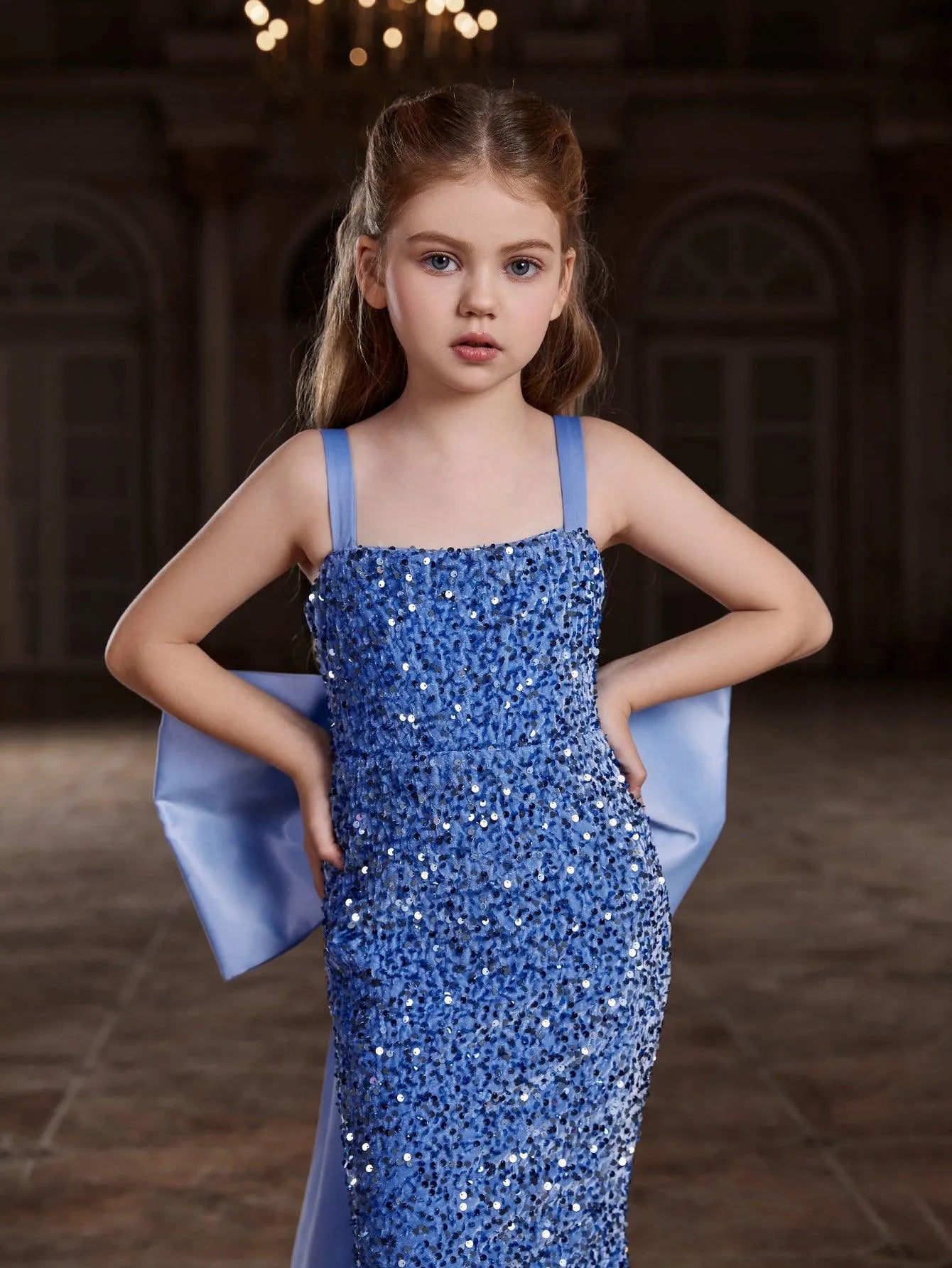 Tween Girls' Square Collar Sequin Mermaid Dress With Big Bow - Elonnashop