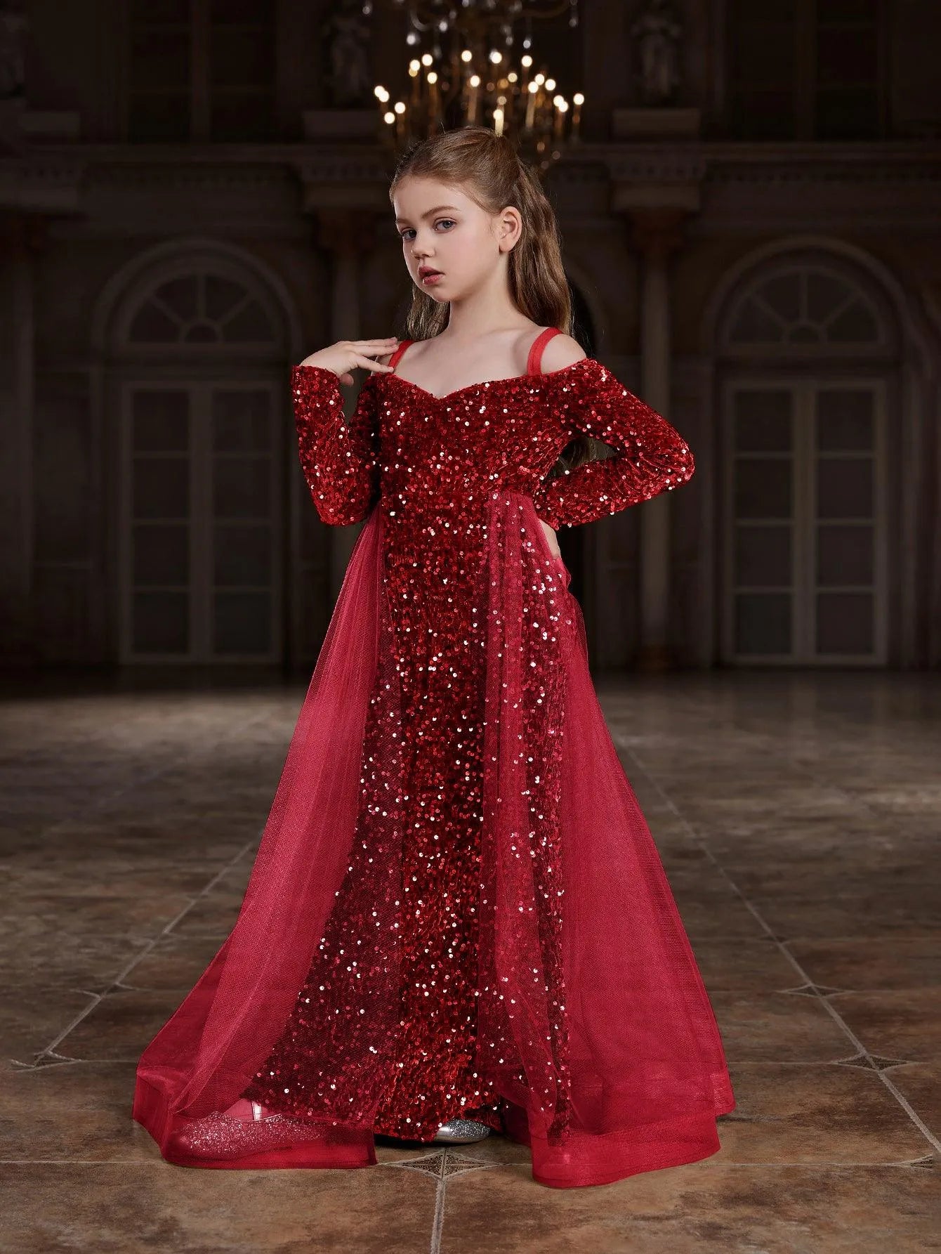 Tween Girls' Off Shoulder Mesh Overlay Sequin Prom Dress Red / 8Y Tween Girls' Off Shoulder Mesh Overlay Sequin Prom Dress Red / 8Y
