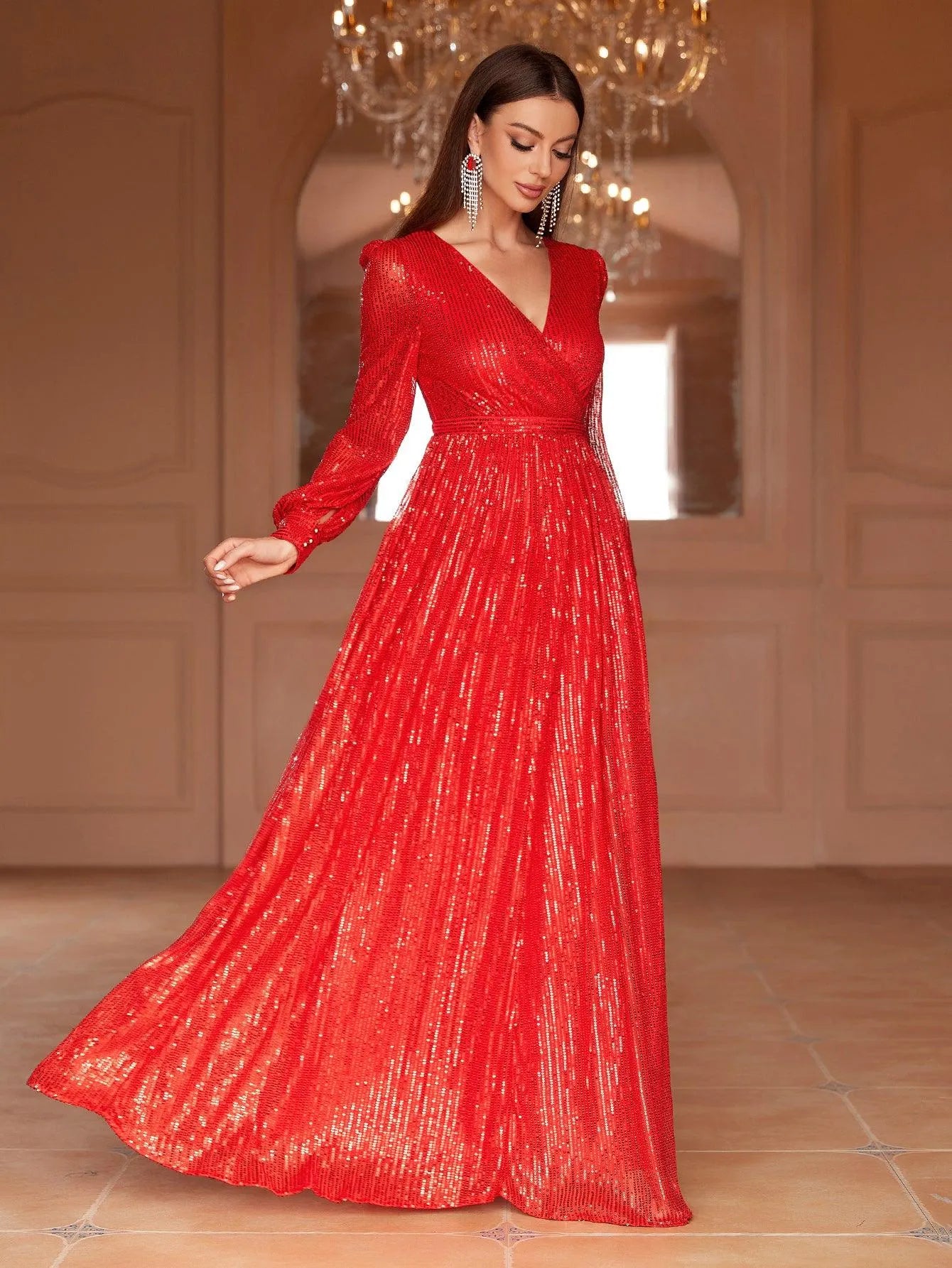 Elegant V Neck Long Sleeves Sequin A Line Dresses - Elonnashop