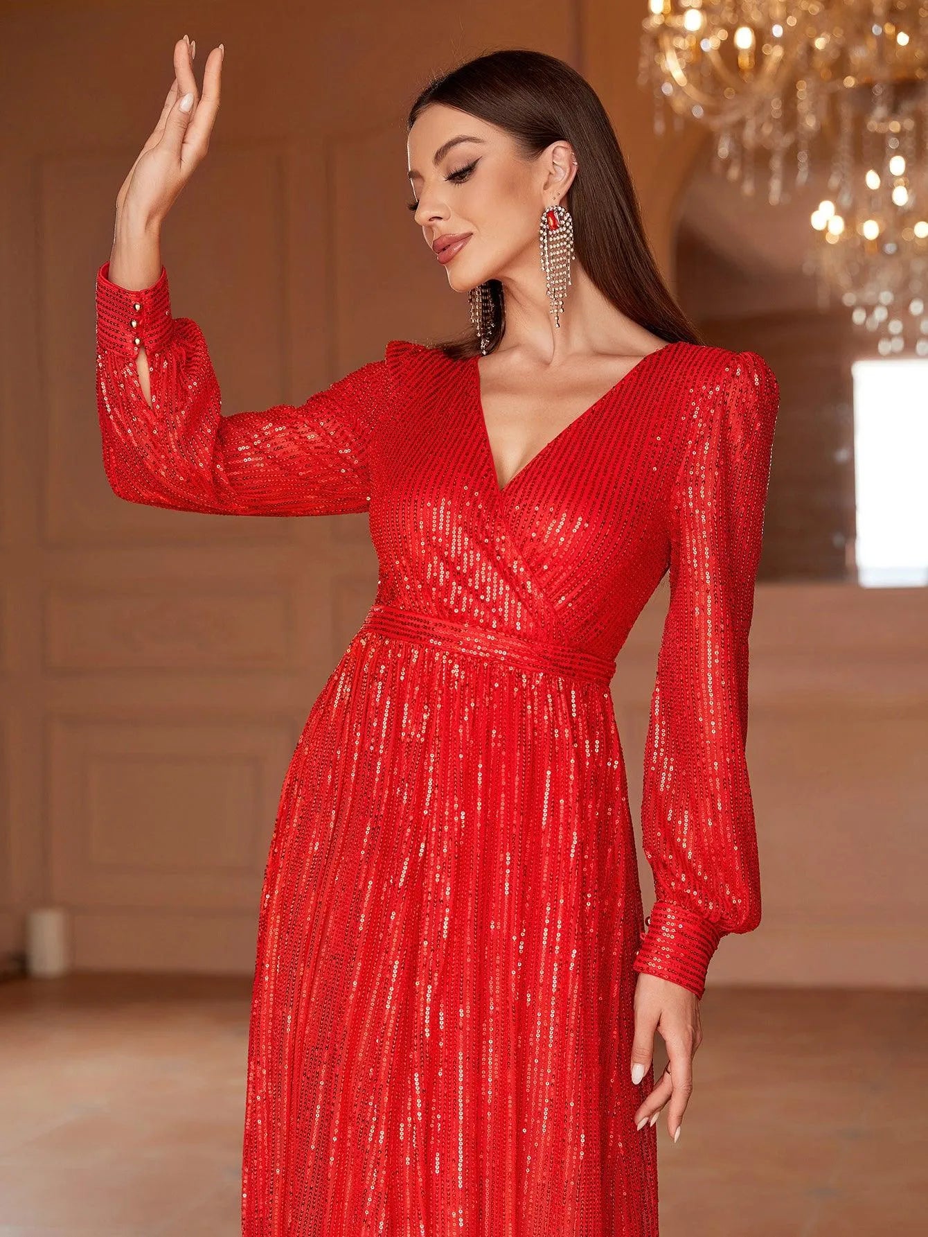 Elegant V Neck Long Sleeves Sequin A Line Dresses - Elonnashop