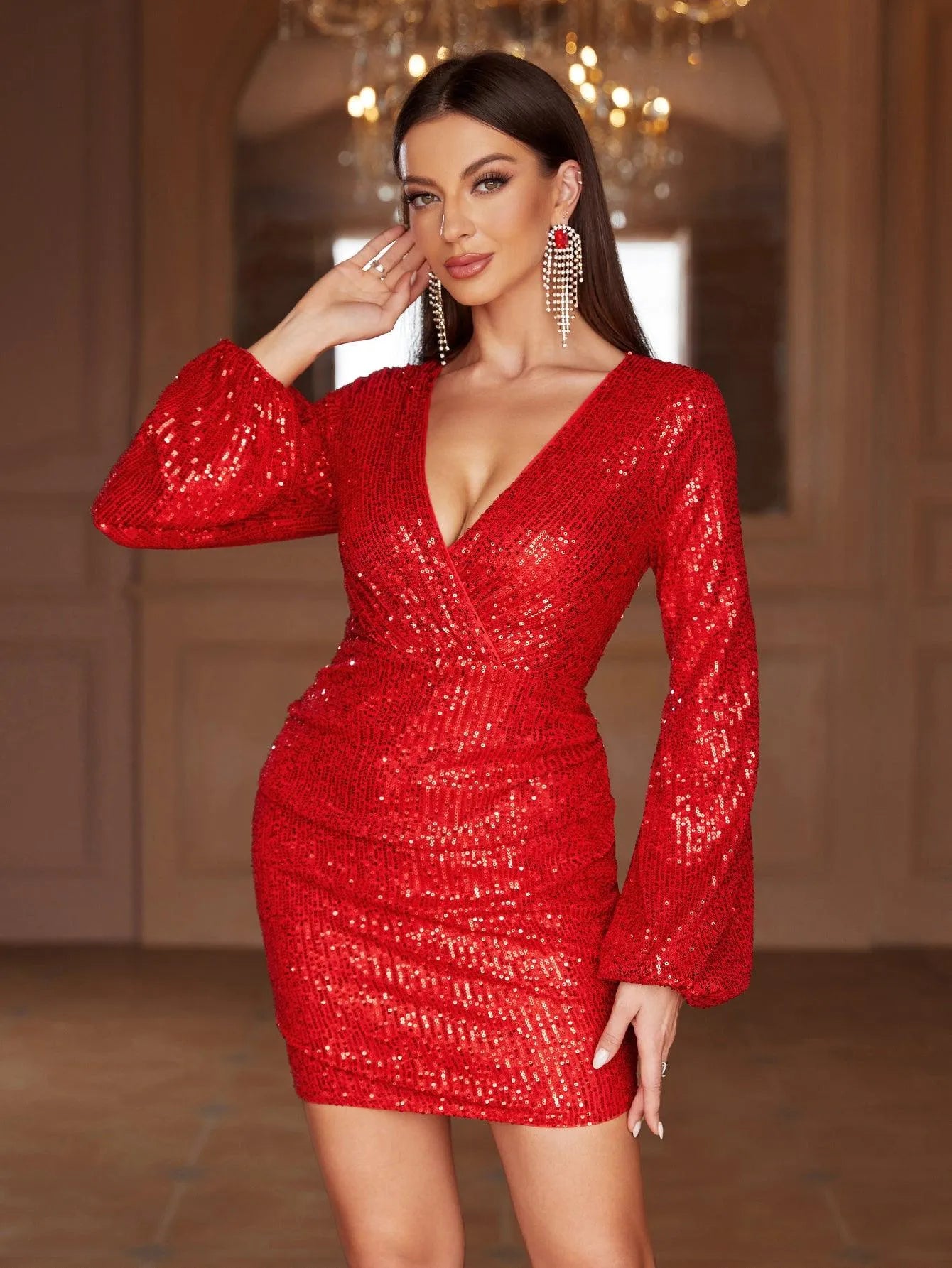 Surplice Neck Lantern Sleeve Sequin Bodycon Dress - Elonnashop