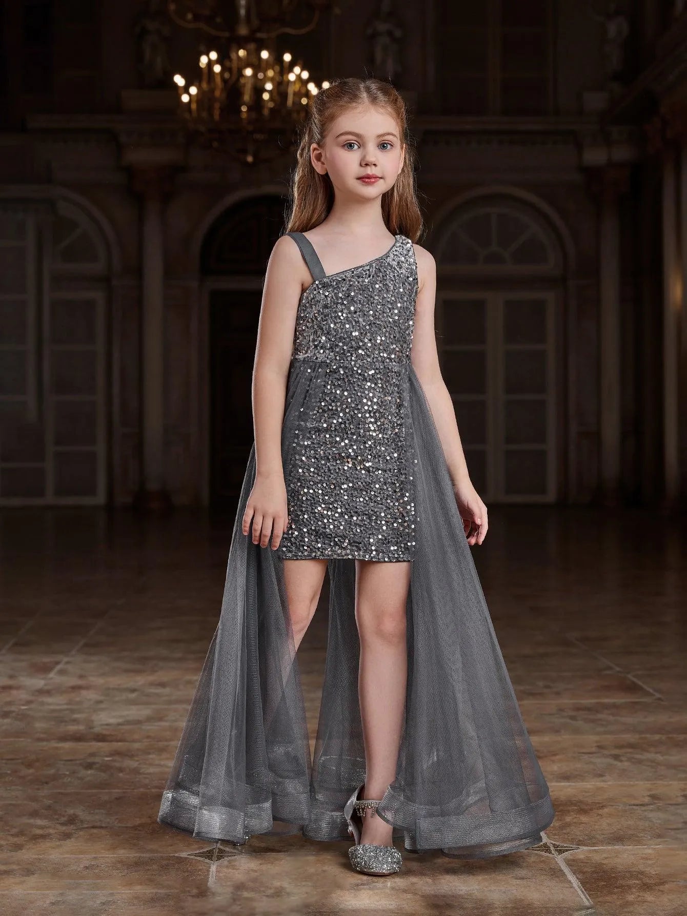 Tween Girls' Asymmetrical Neckline Mesh Overlay Sequin Dress - Elonnashop