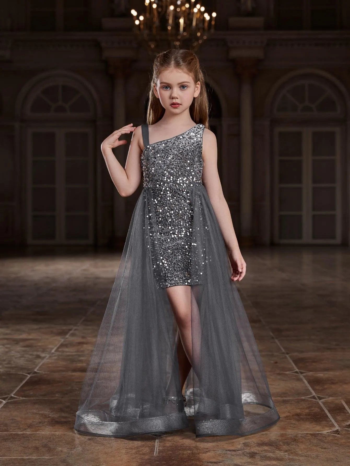 Tween Girls' Asymmetrical Neckline Mesh Overlay Sequin Dress - Elonnashop