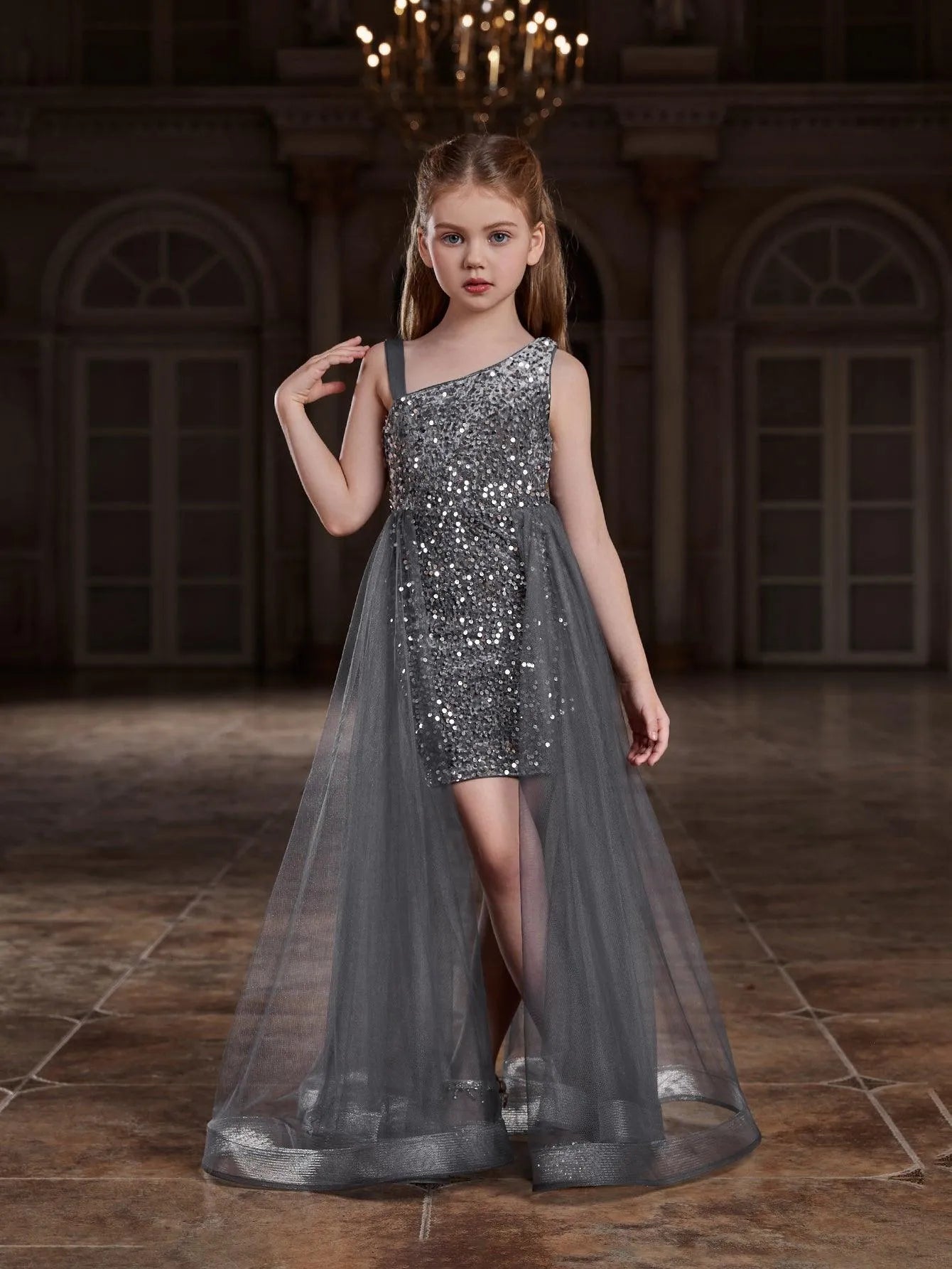 Tween Girls' Asymmetrical Neckline Mesh Overlay Sequin Dress Dark Green / 9Y Tween Girls' Asymmetrical Neckline Mesh Overlay Sequin Dress Dark Green / 9Y