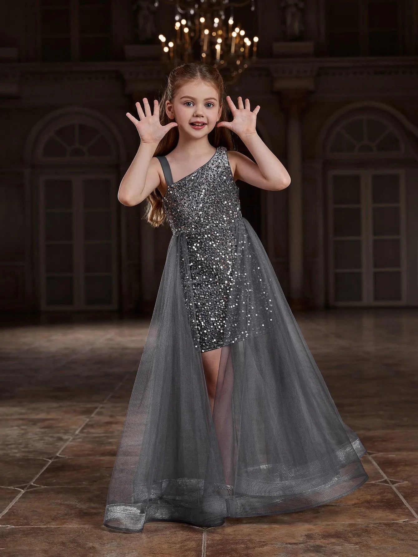 Tween Girls' Asymmetrical Neckline Mesh Overlay Sequin Dress - Elonnashop