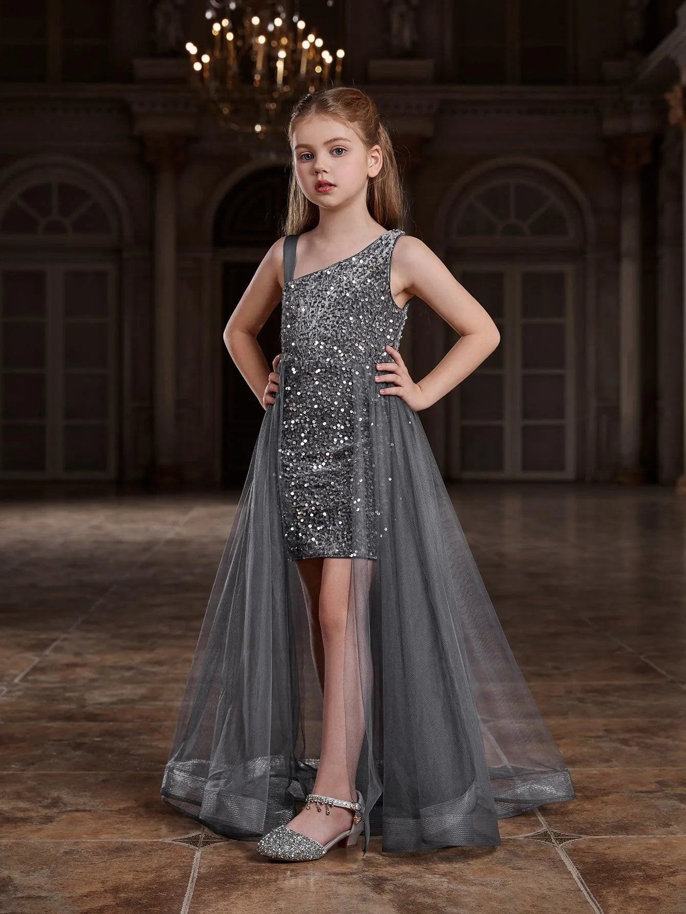 Tween Girls' Asymmetrical Neckline Mesh Overlay Sequin Dress - Elonnashop