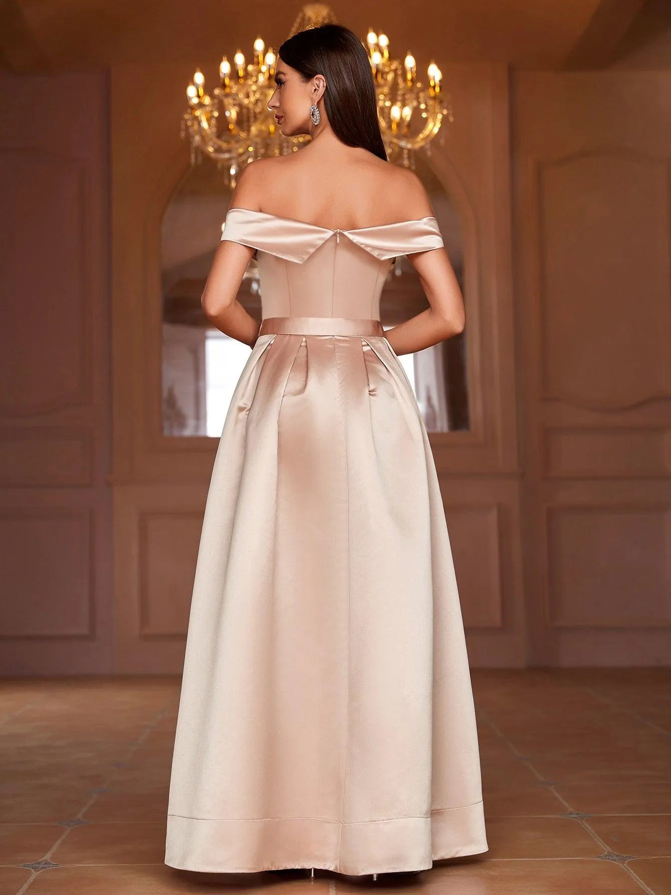 Off Shoulder Buckle Belted Satin Ball Gown - Elonnashop