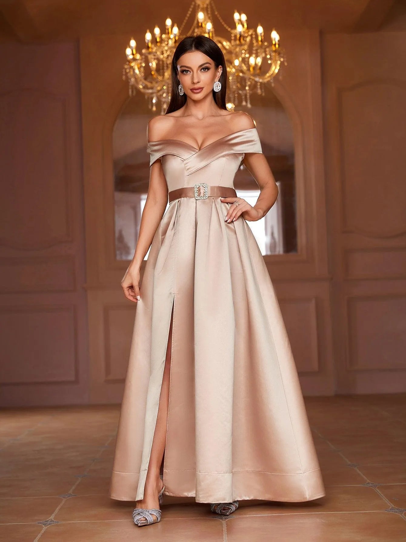 Off Shoulder Buckle Belted Satin Ball Gown - Elonnashop