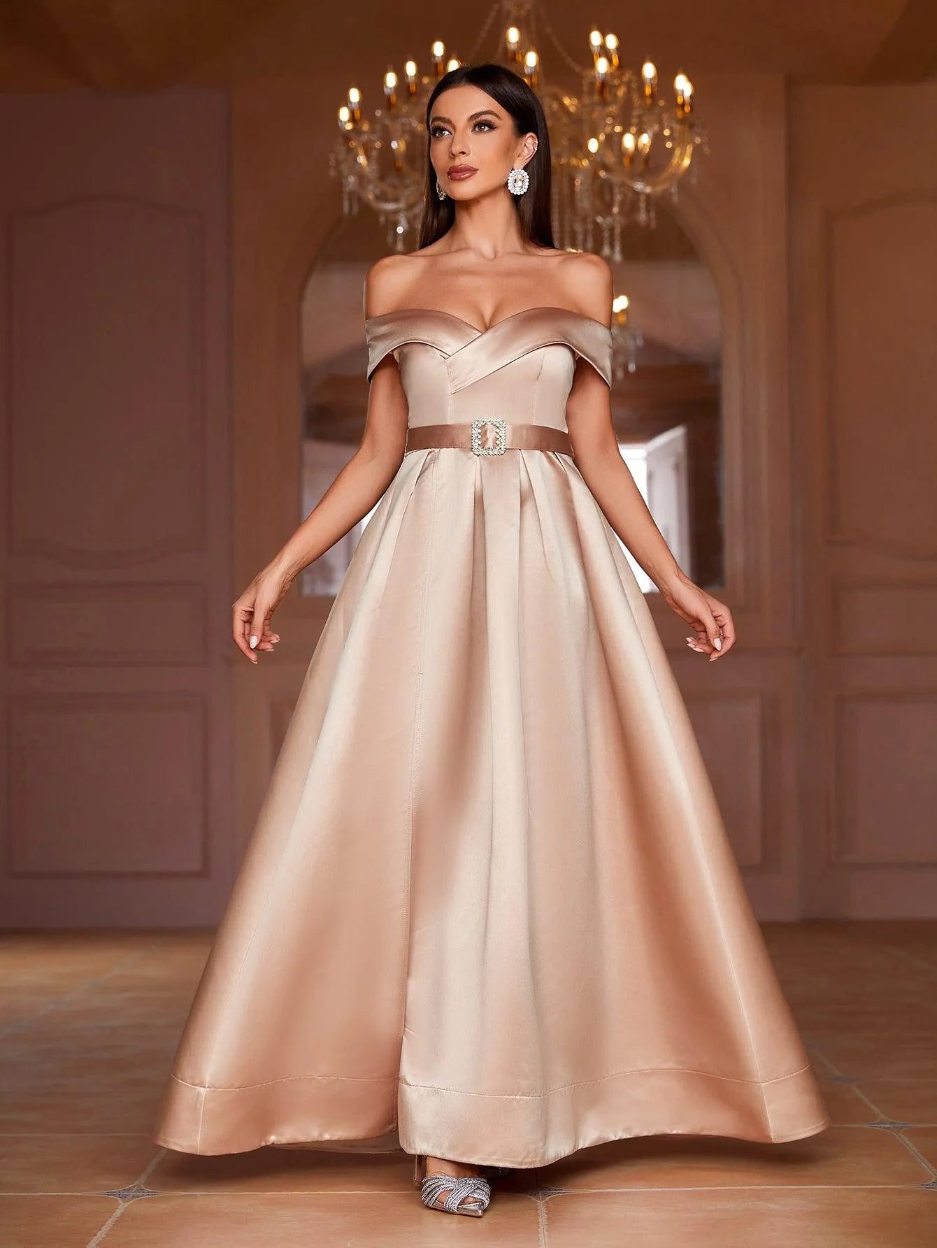 Off Shoulder Buckle Belted Satin Ball Gown - Elonnashop