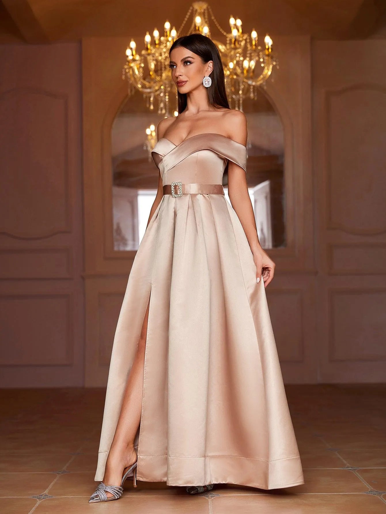 Off Shoulder Buckle Belted Satin Ball Gown - Elonnashop