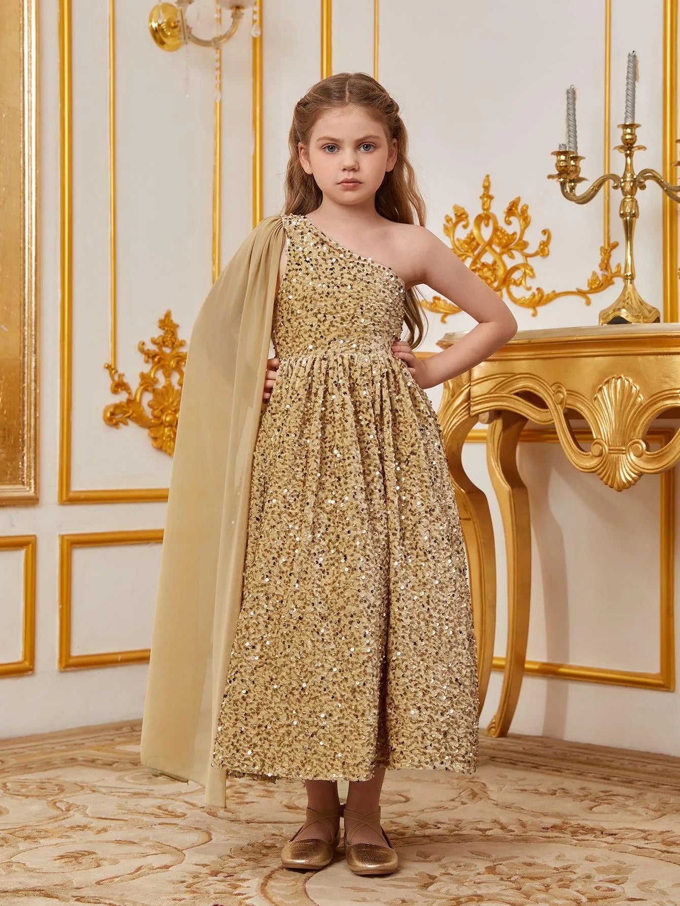 Tween Girls' One Shoulder Draped Side Sequin A Line Dress - Elonnashop