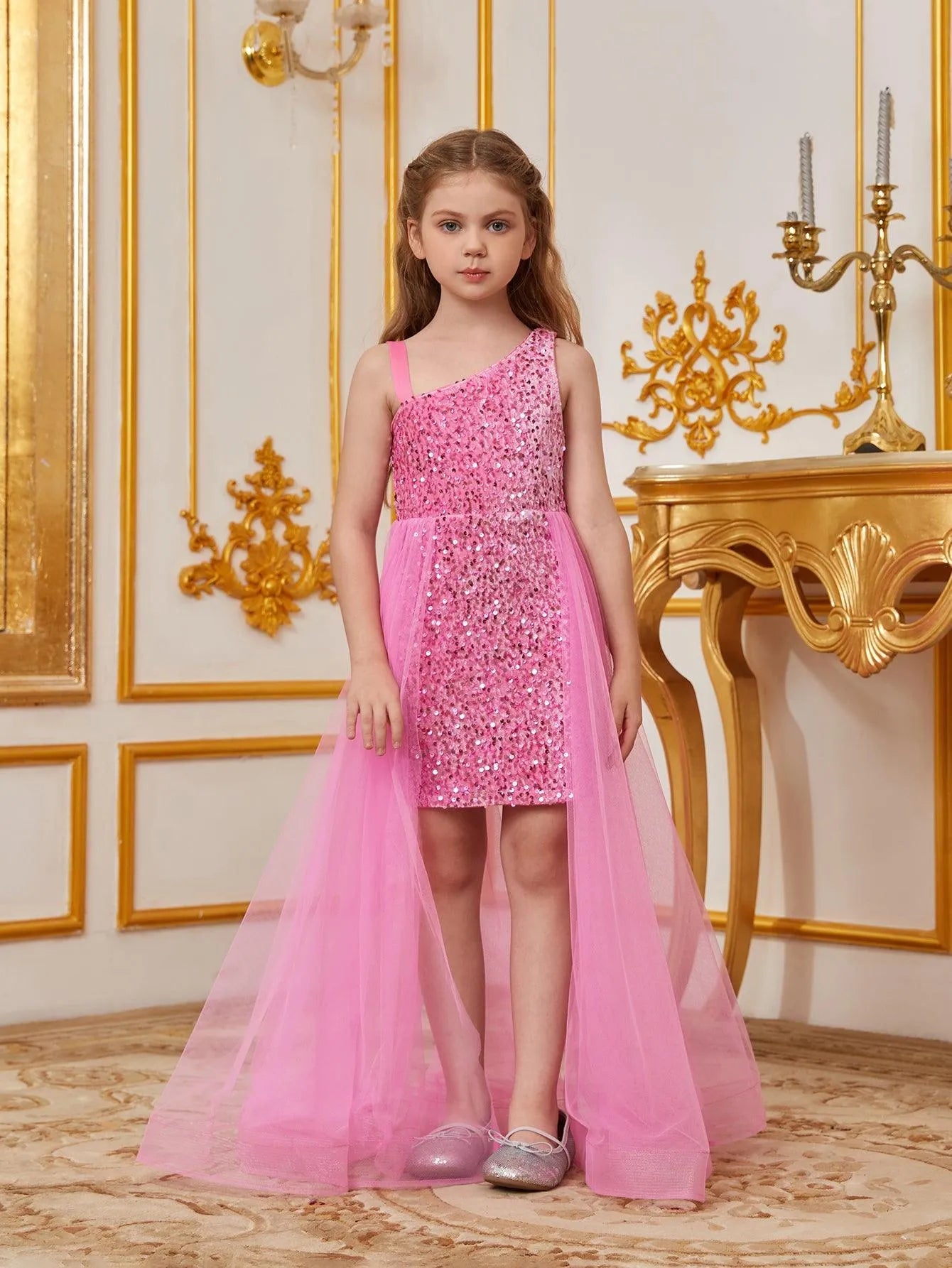 Tween Girls' Asymmetrical Neckline Mesh Overlay Sequin Dress - Elonnashop