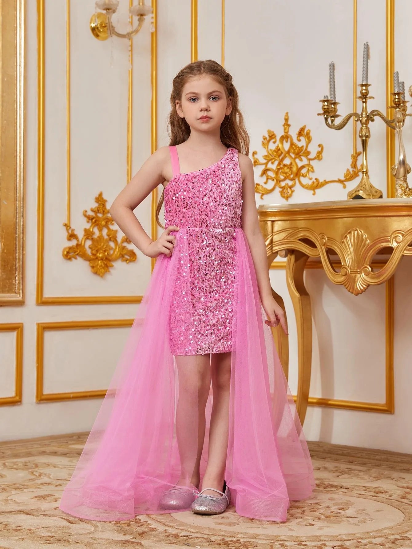 Tween Girls' Asymmetrical Neckline Mesh Overlay Sequin Dress - Elonnashop