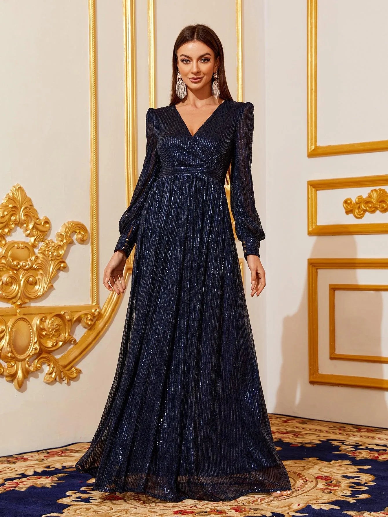 Elegant V Neck Long Sleeves Sequin A Line Dresses - Elonnashop