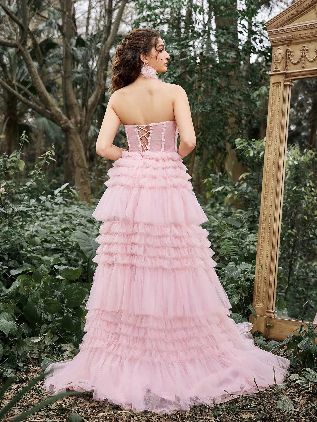 Gorgeous Strapless Cascading Ruffles Hem Tulle Prom Dress - Elonnashop