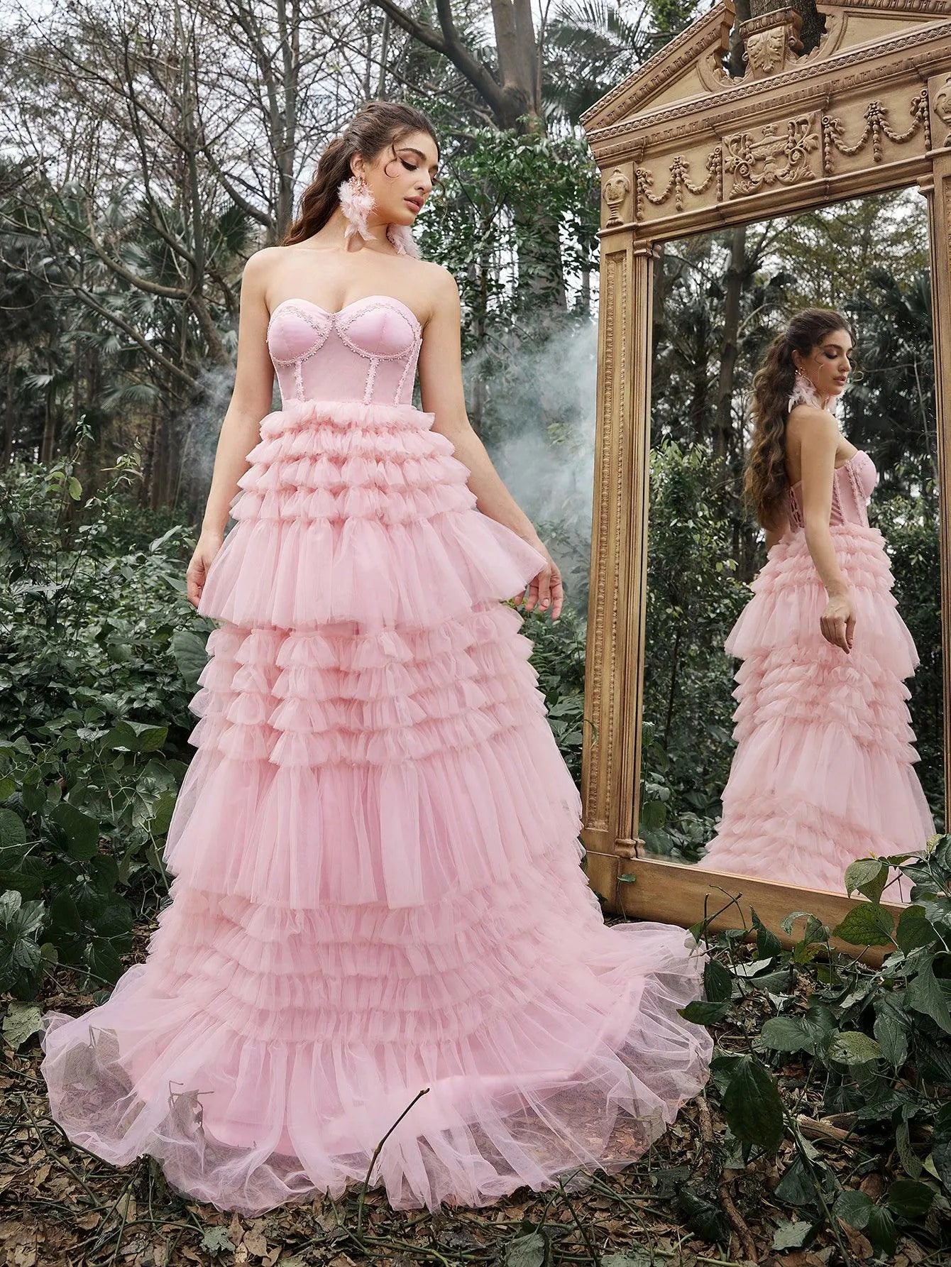 Gorgeous Strapless Cascading Ruffles Hem Tulle Prom Dress - Elonnashop