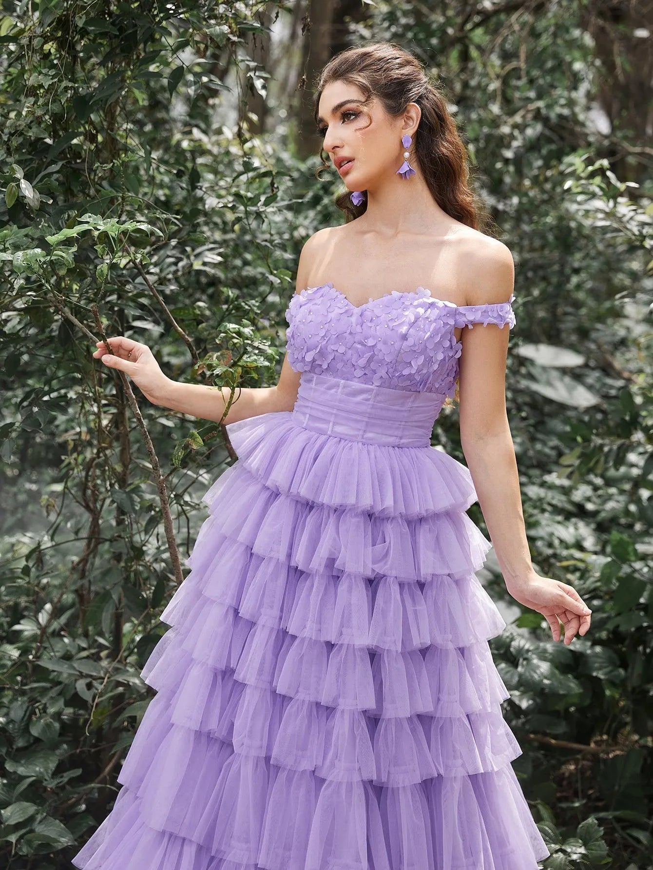 Gorgeous Off Shoulder Applique Bodice Cascading Ruffle Hem Prom Dress - Elonnashop