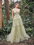 Gorgeous Applique Detail Halter Neck Tiered Tulle Prom Dress - Elonnashop