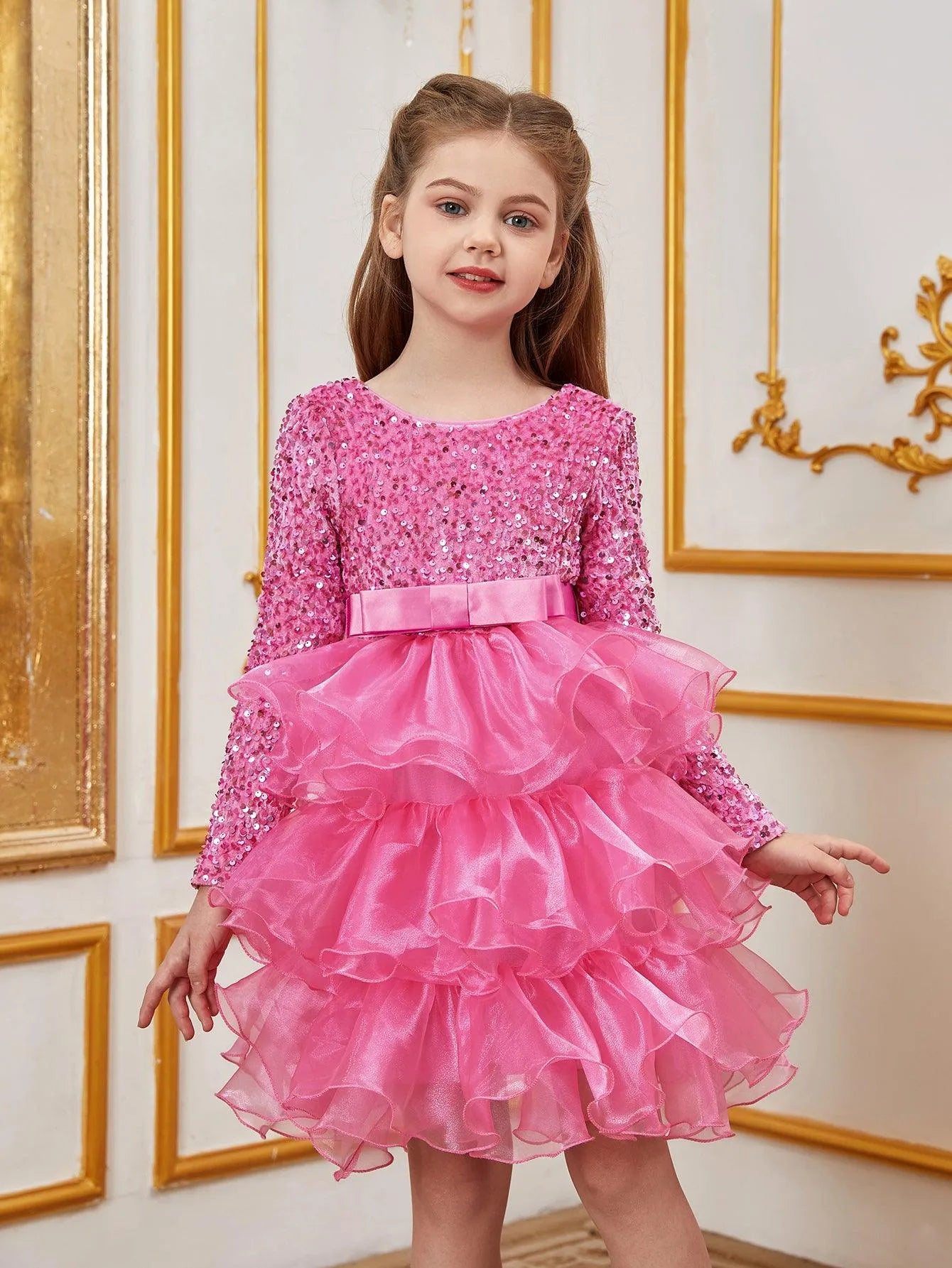 Tween Girls' Sequin Contrast Layered Organza Hem Dress - Elonnashop