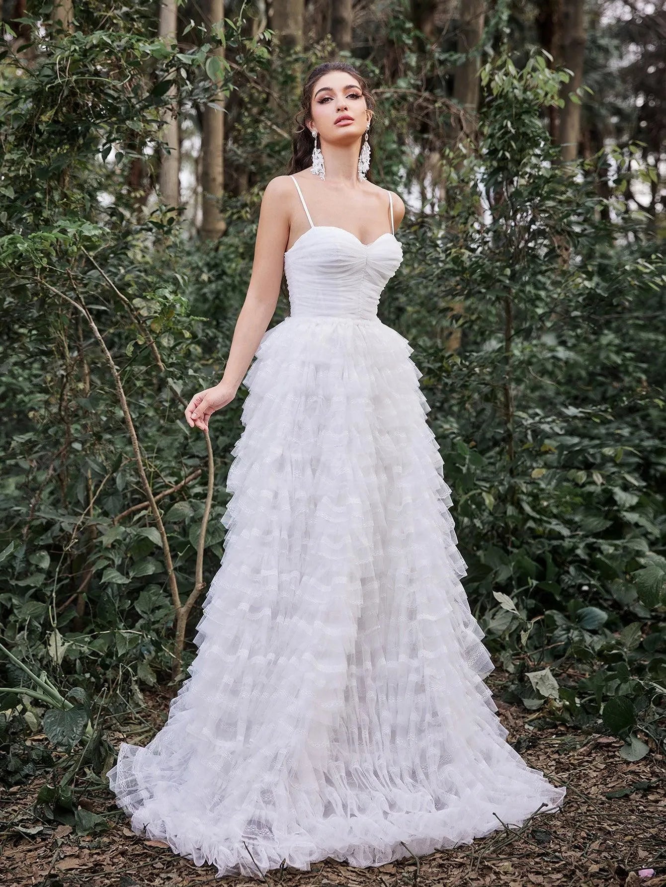 Gorgeous Lace Up Back Cascading Ruffle Hem Slip Wedding Dress Elonnashop Gorgeous Lace Up Back Cascading Ruffle Hem Slip Wedding Dress Elonnashop