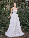 Gorgeous Lace Up Back Cascading Ruffle Hem Slip Wedding Dress - Elonnashop