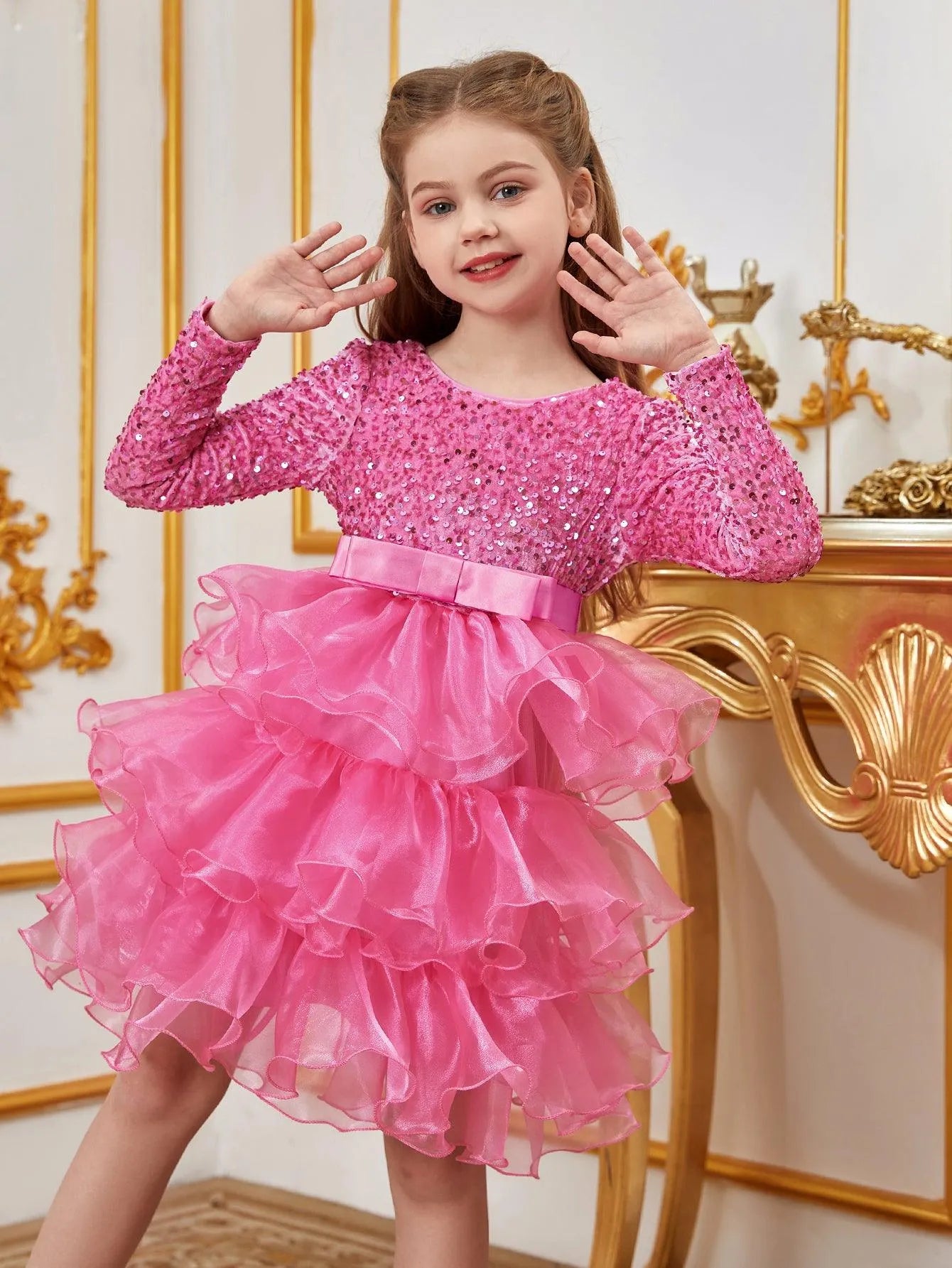 Tween Girls' Sequin Contrast Layered Organza Hem Dress - Elonnashop