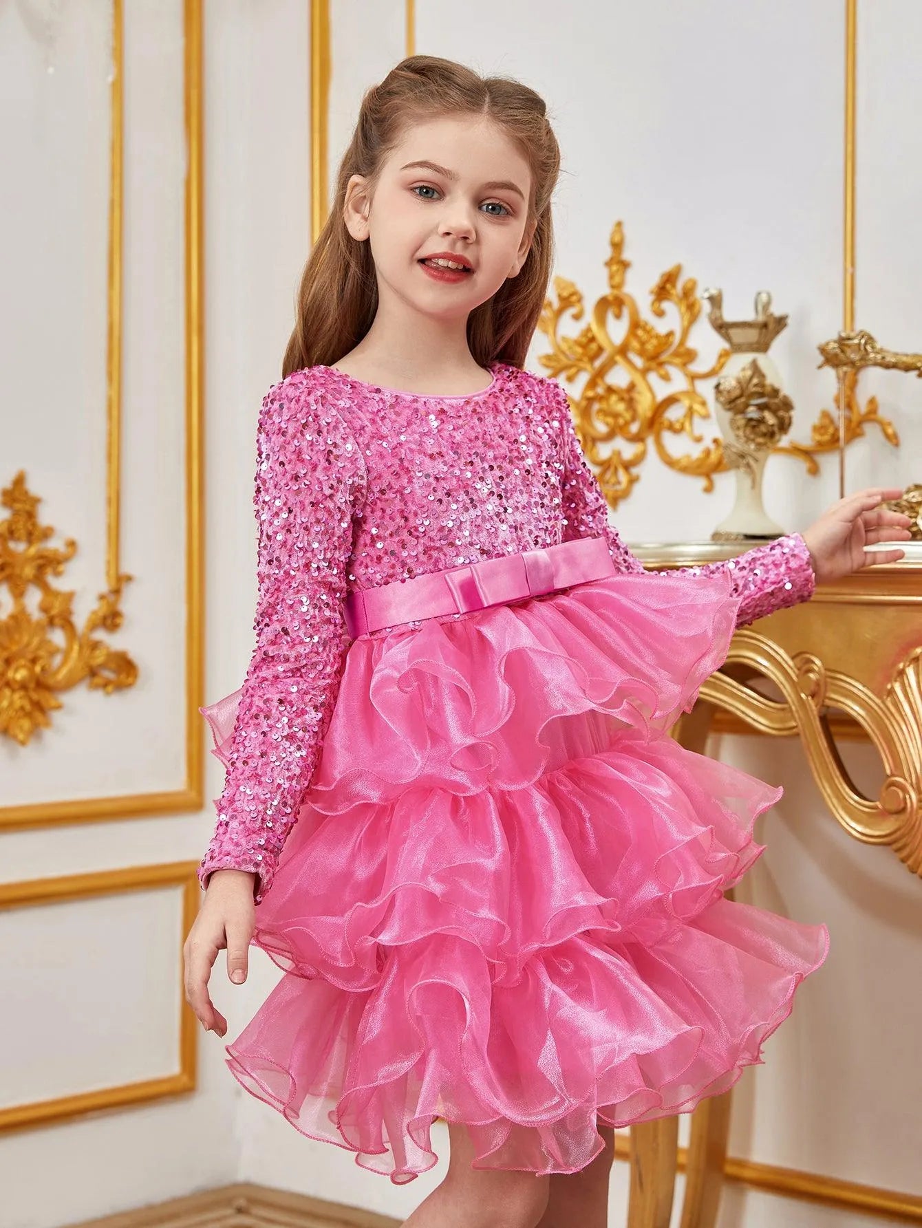 Tween Girls' Sequin Contrast Layered Organza Hem Dress - Elonnashop