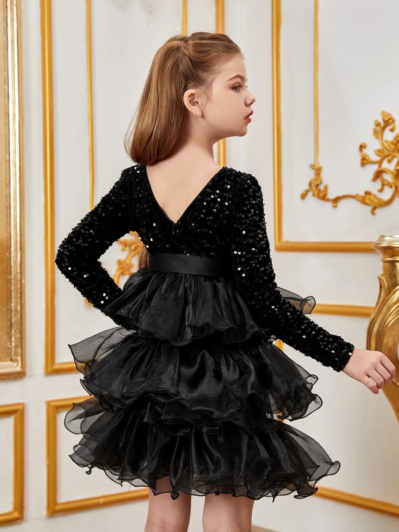 Tween Girls' Sequin Contrast Layered Organza Hem Dress - Elonnashop