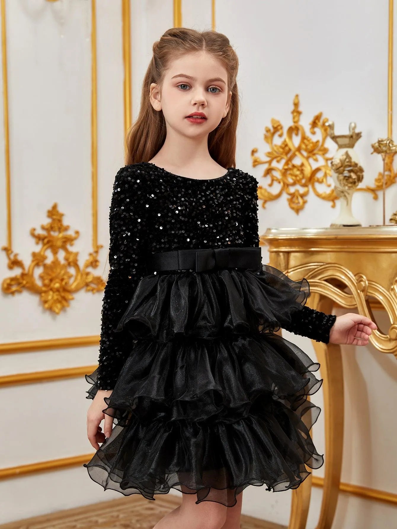 Tween Girls' Sequin Contrast Layered Organza Hem Dress - Elonnashop