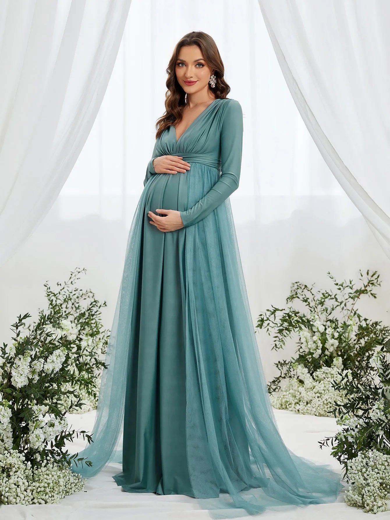 Maternity Plunging Neck Long Sleeve Contrast Mesh Formal Dress Green / S Maternity Plunging Neck Long Sleeve Contrast Mesh Formal Dress Green / S