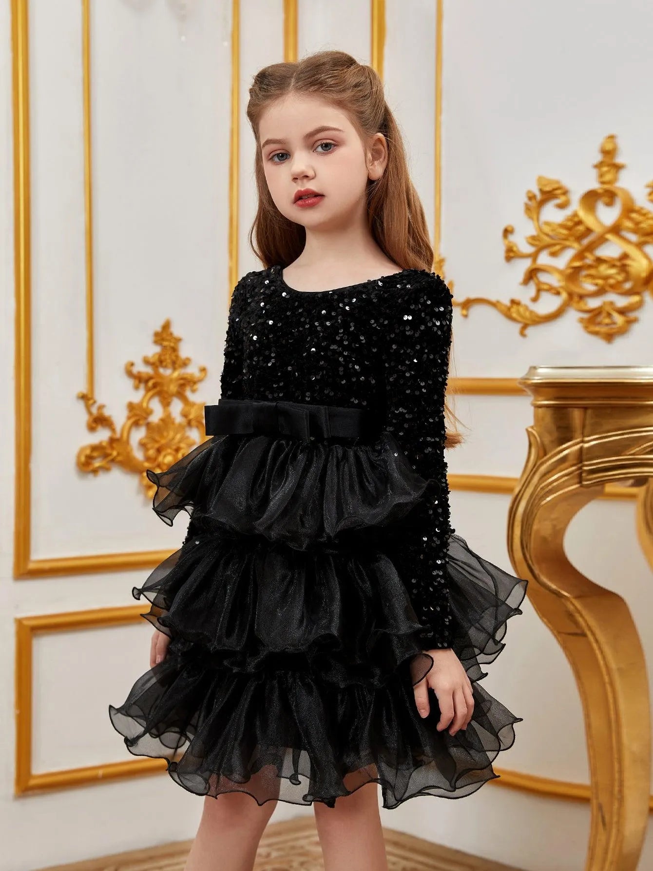 Tween Girls' Sequin Contrast Layered Organza Hem Dress - Elonnashop