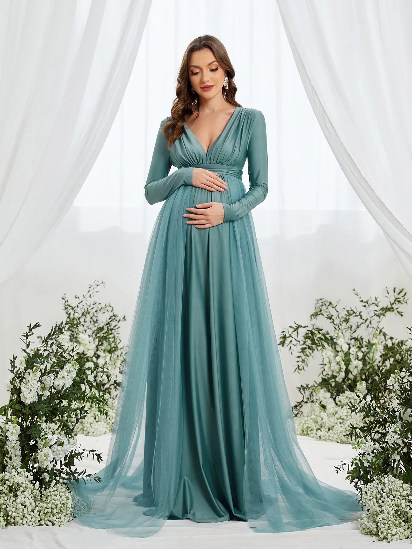 Maternity Plunging Neck Long Sleeve Contrast Mesh Formal Dress Green / S Maternity Plunging Neck Long Sleeve Contrast Mesh Formal Dress Green / S