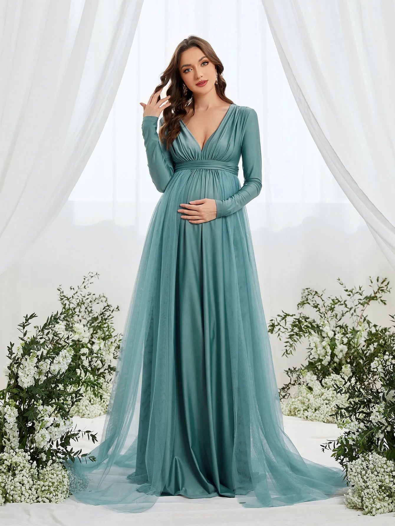 Maternity Plunging Neck Long Sleeve Contrast Mesh Formal Dress - Teal Blue / S Maternity Plunging Neck Long Sleeve Contrast Mesh Formal Dress - Teal Blue / S