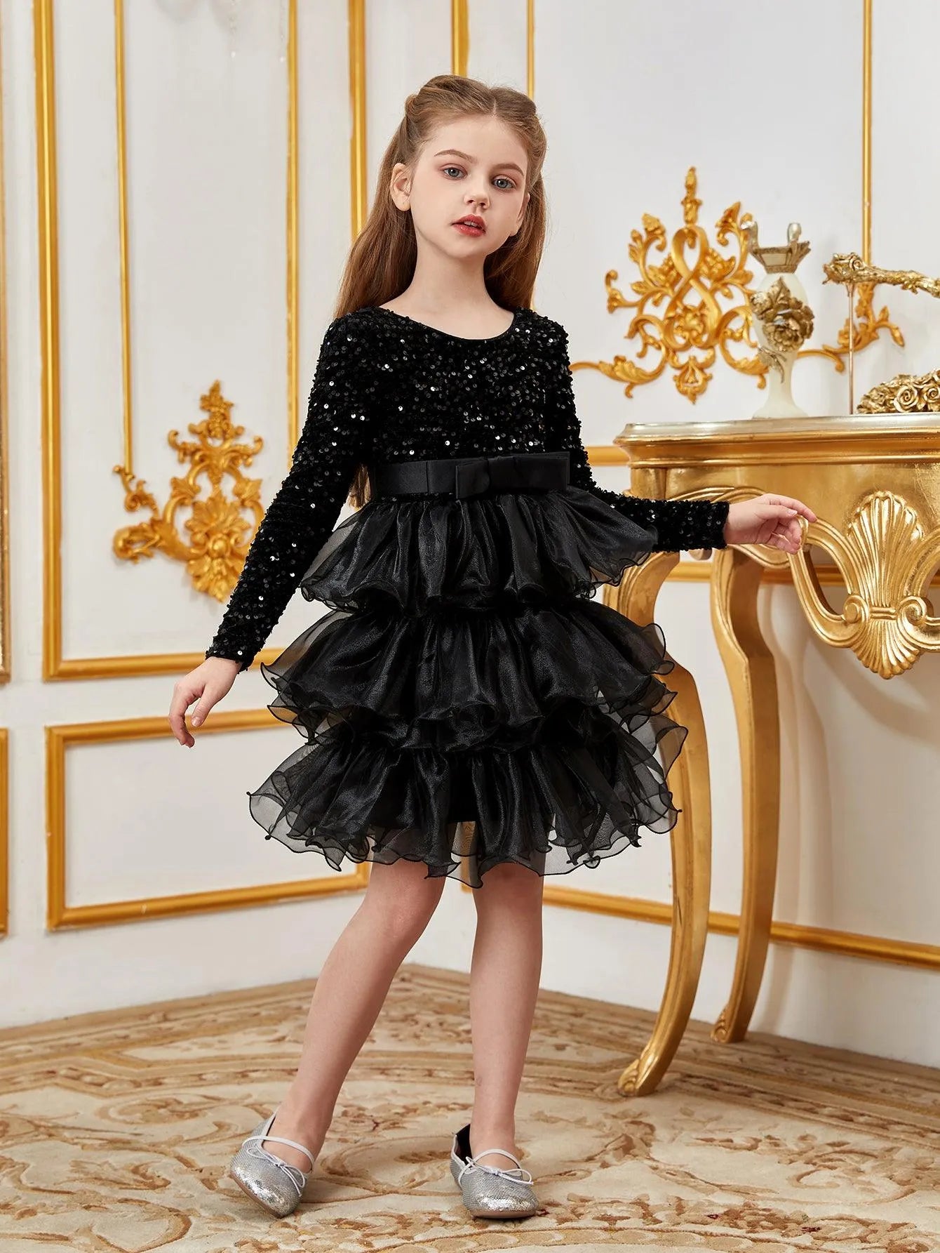 Tween Girls' Sequin Contrast Layered Organza Hem Dress - Elonnashop