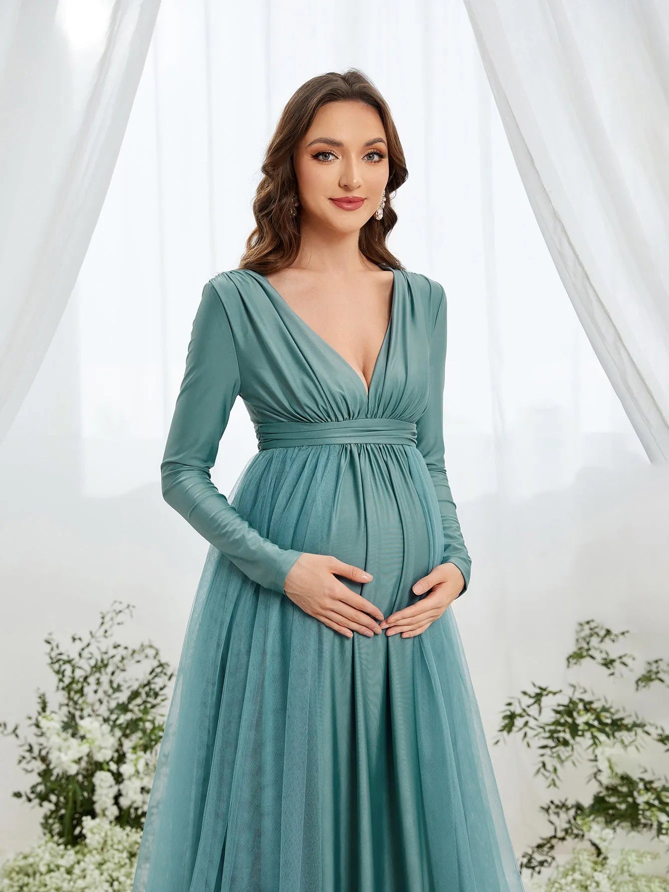 Maternity Plunging Neck Long Sleeve Contrast Mesh Formal Dress Green / S Maternity Plunging Neck Long Sleeve Contrast Mesh Formal Dress Green / S