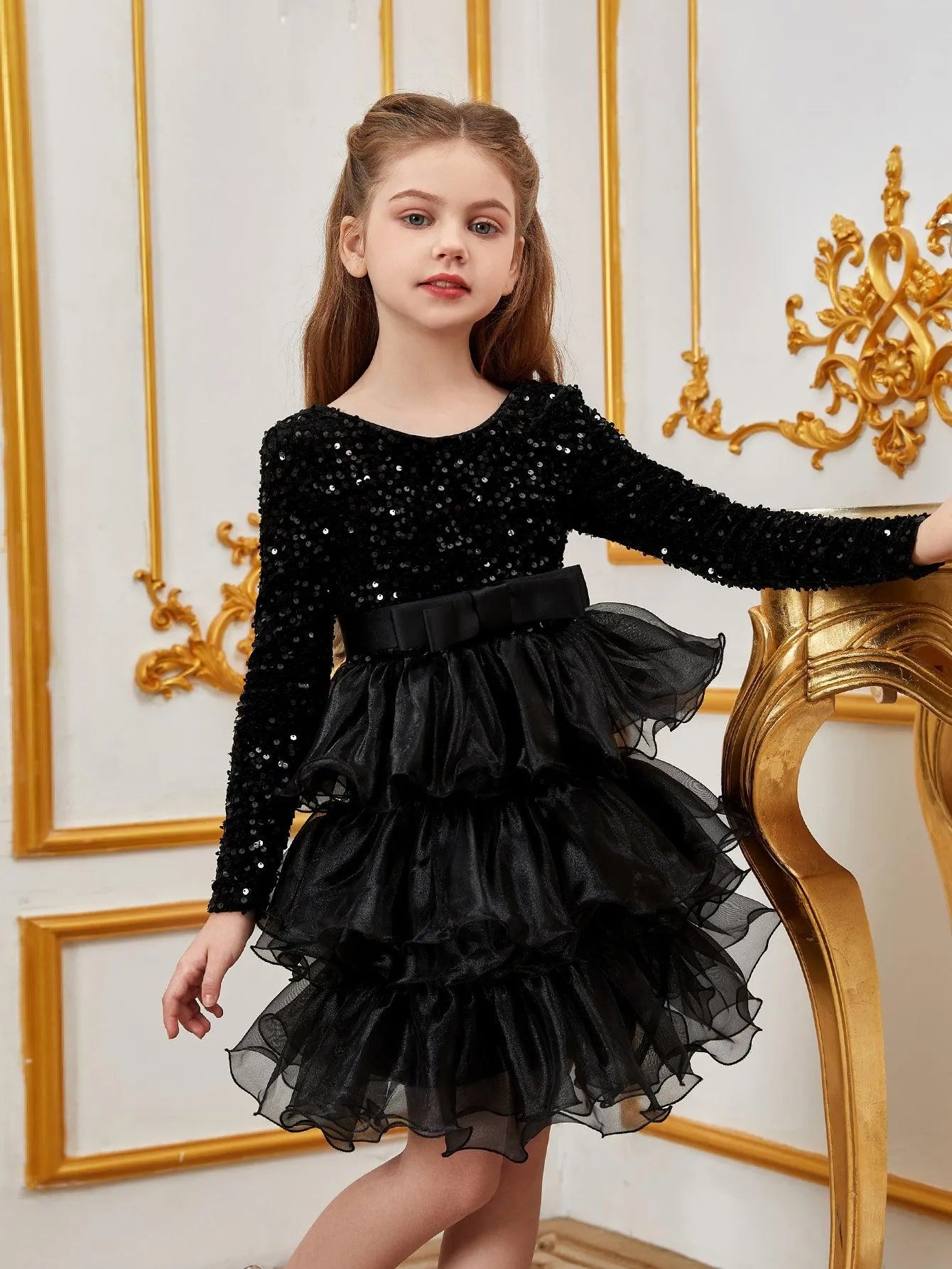 Tween Girls' Sequin Contrast Layered Organza Hem Dress - Elonnashop