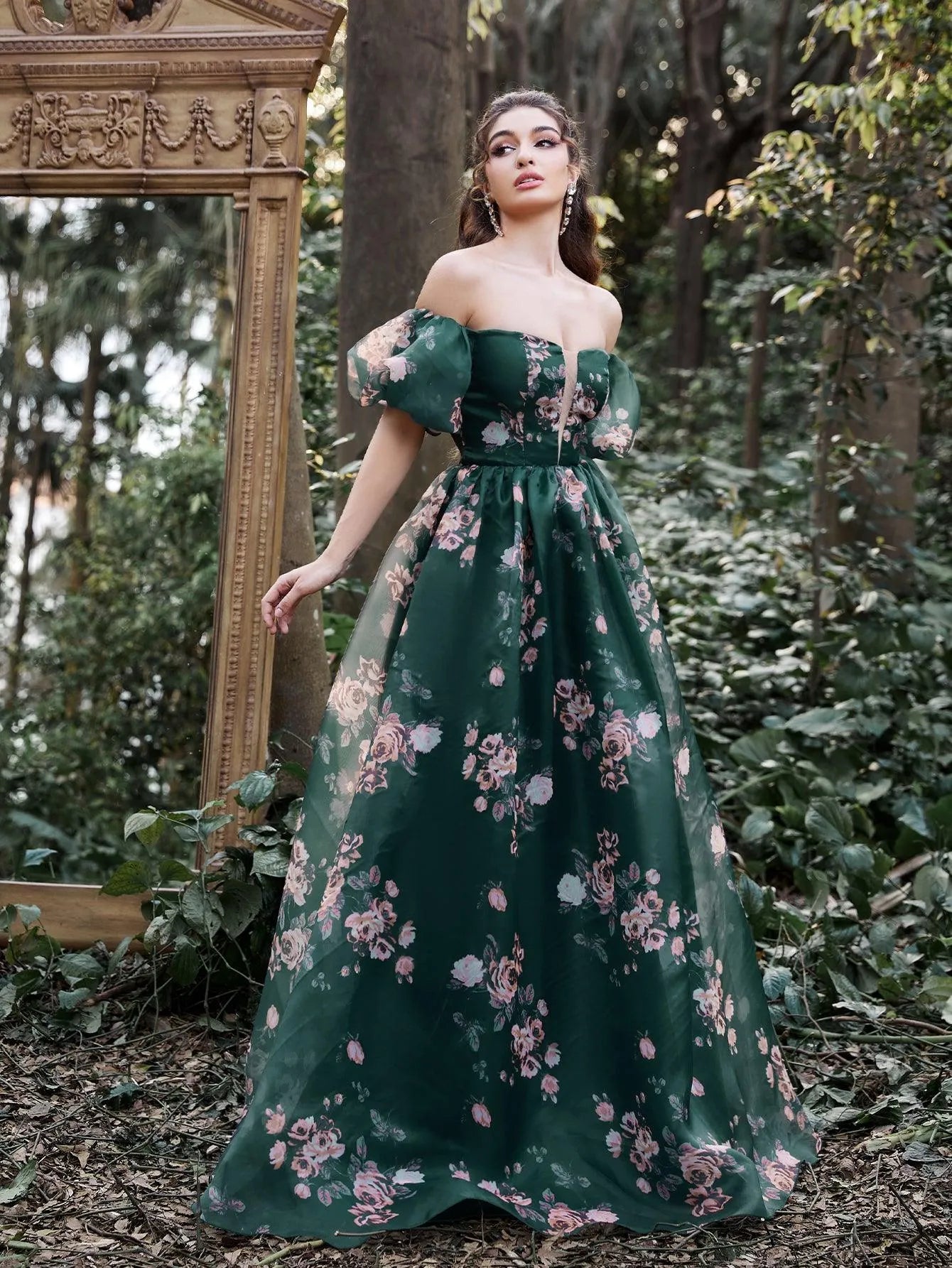 Gorgeous Off Shoulder Puff Sleeves Floral Organza Prom Dress - Elonnashop