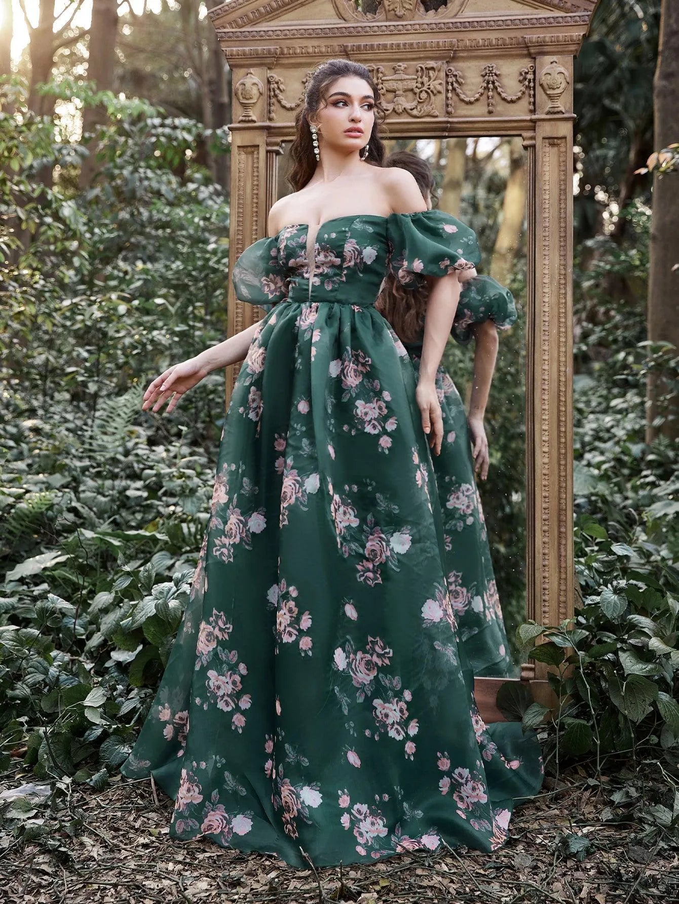 Gorgeous Off Shoulder Puff Sleeves Floral Organza Prom Dress - Elonnashop