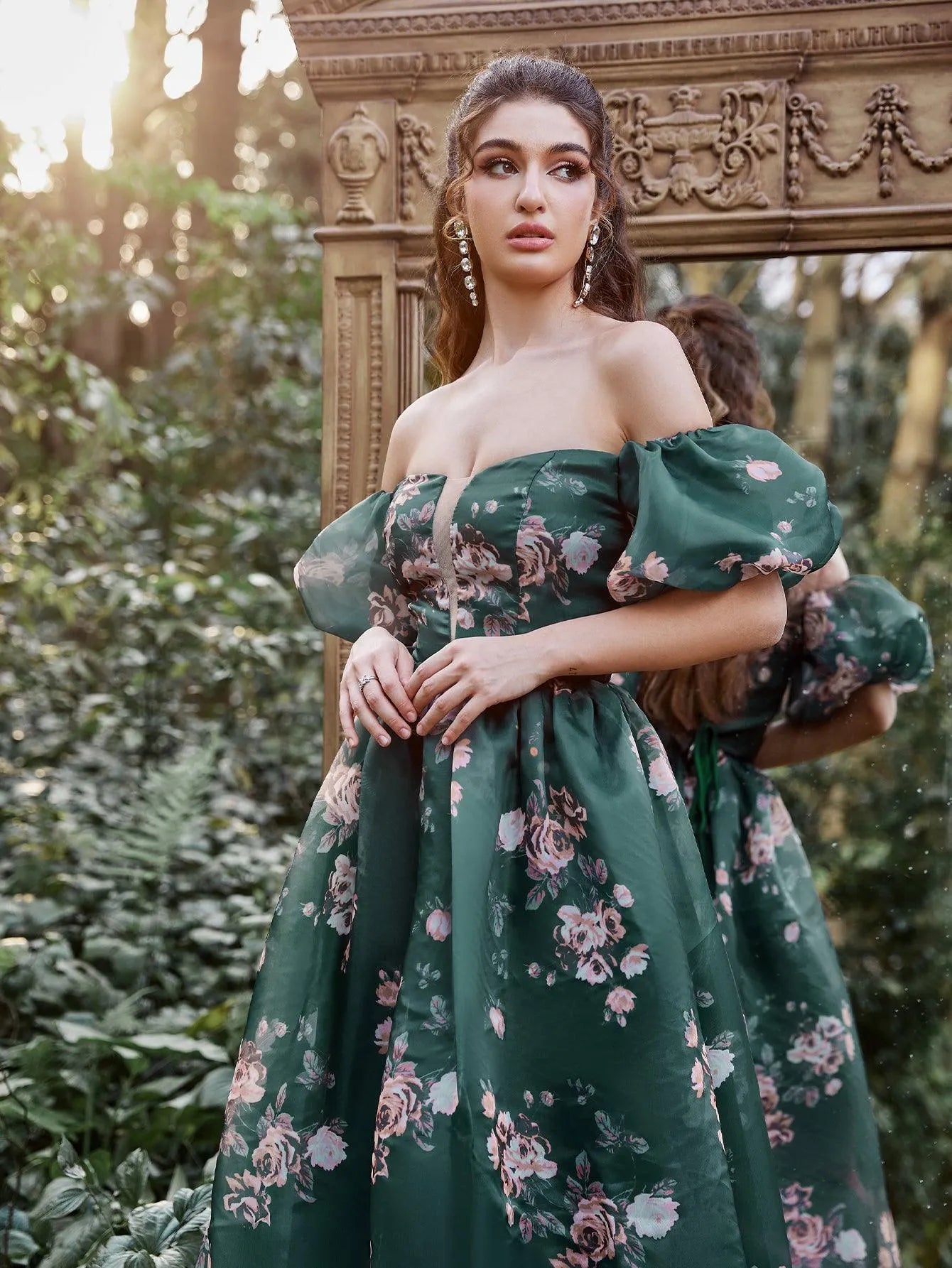 Gorgeous Off Shoulder Puff Sleeves Floral Organza Prom Dress - Elonnashop